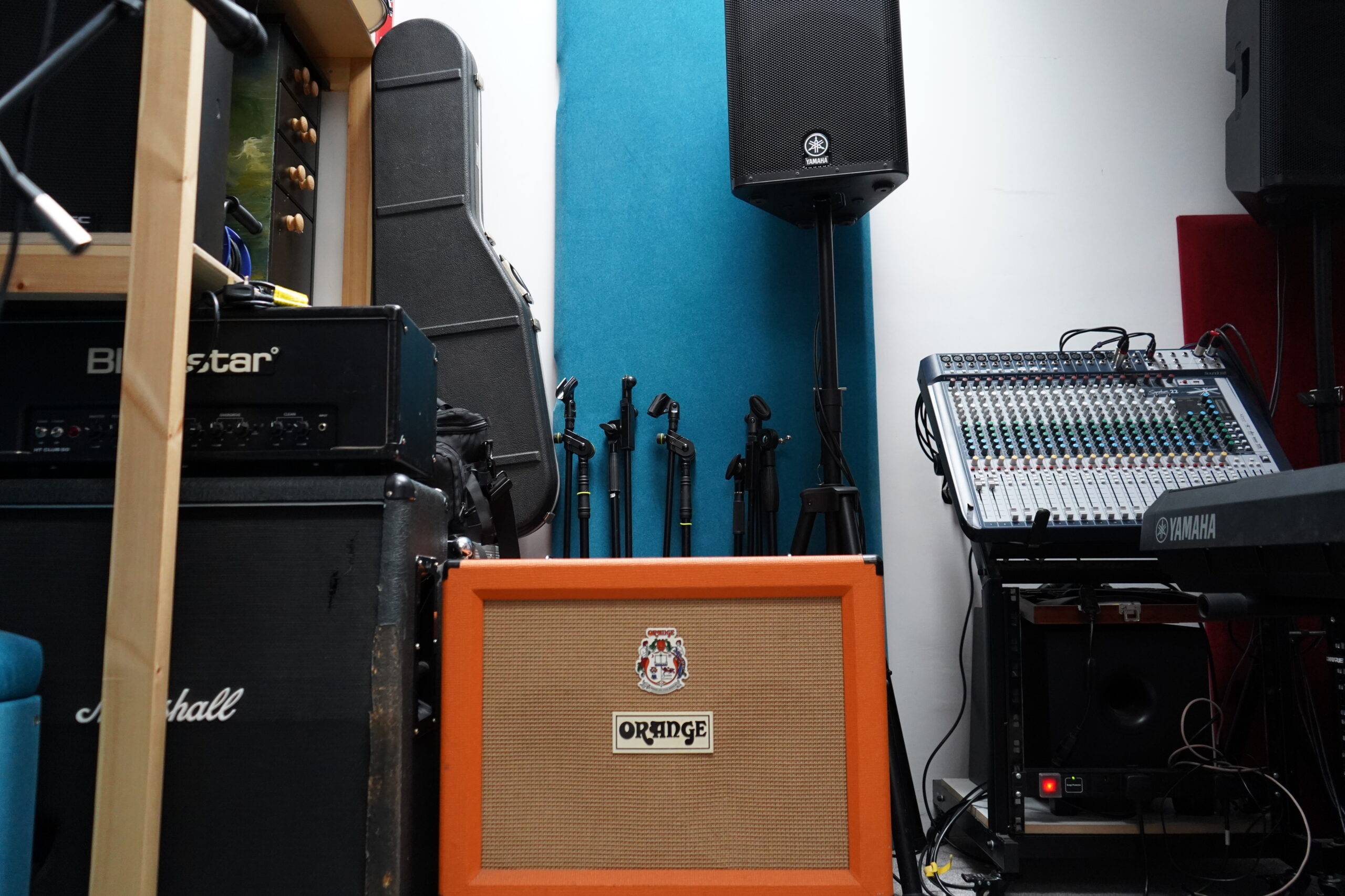 Recording rack with mixing desk, outboard effects, keyboard and Orange amp